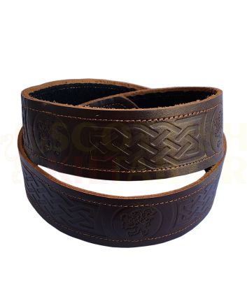 Brown Rampant Lion Embossed Leather Kilt Belt, Black color for Male