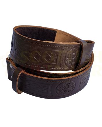 Brown Thistle Embossed Leather Kilt Belt, Brown color for Male