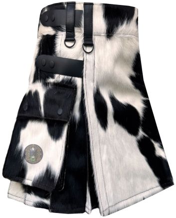 Right side view of black and white hair cowhide utility kilt with cargo pocket and adjustable strap detailing