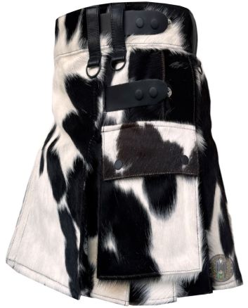 Right side view of black and white hair cowhide utility kilt with cargo pocket and adjustable strap detailing