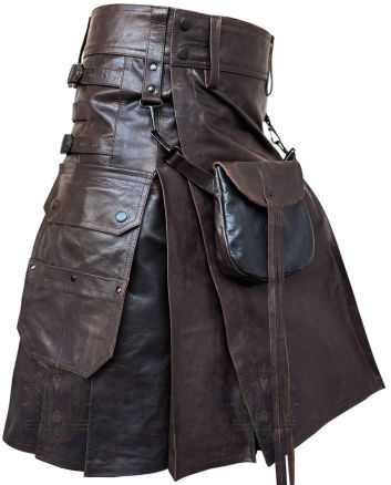 Dark Brown Leather Kilt With Sporran right side view showing functional utility pocket and rich leather pleats