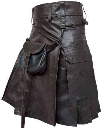 Dark Brown Leather Kilt With Sporran right side view showing functional utility pocket and rich leather pleats