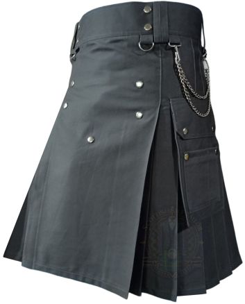 Dark Grey Utility Kilt With Chain, Gray color for Male