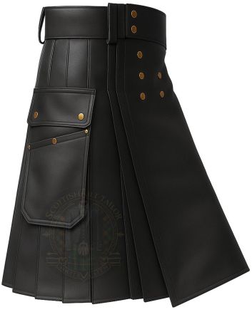 Gray Leather Scottish Style Kilt right side view with utility pocket and pleated leather design