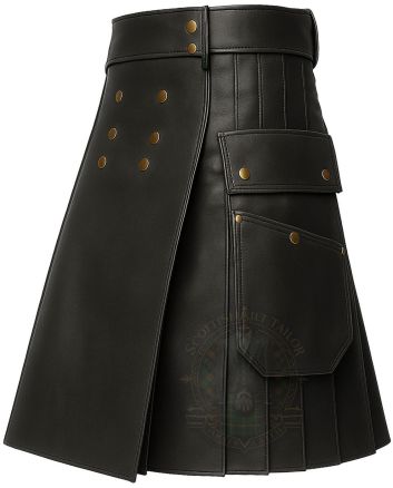 Gray Leather Scottish Style Kilt right side view with utility pocket and pleated leather design