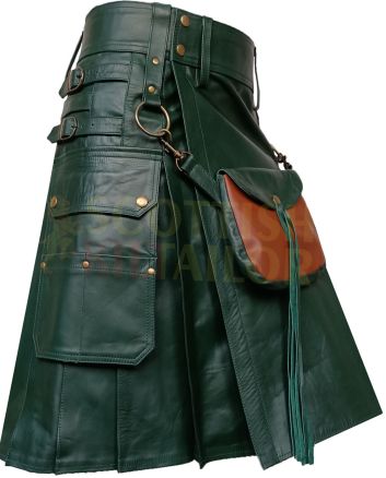 Green Cow Leather Utility Kilt With Front Sporran, Green color for Male