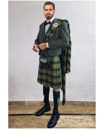 Green Prince Charlie Kilt Outfit With Dark Irish Green Tartan Kilt, Green color for Male