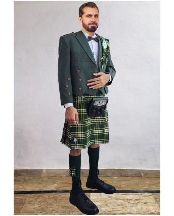 Green Prince Charlie Kilt Outfit With Dark Irish Green Tartan Kilt, Green color for Male