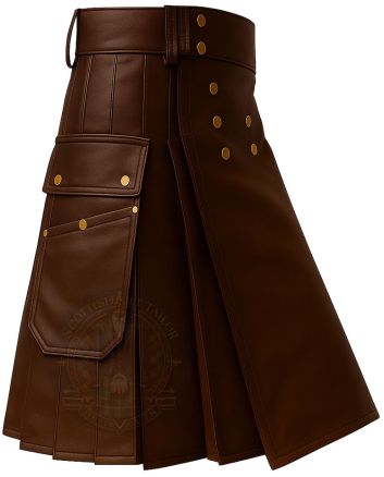 Handmade Brown Leather Kilt for Men right side view with utility pocket and pleated leather design