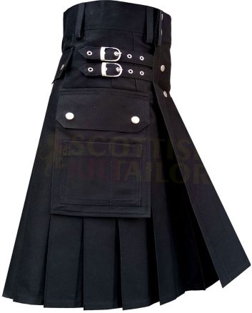 Heavy Cotton Black Utility Kilt, Black color for Male