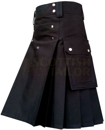 Heavy Cotton Black Utility Kilt, Black color for Male