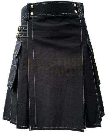 Heavy Cotton Black Utility Kilt White Thread, Black color for Male