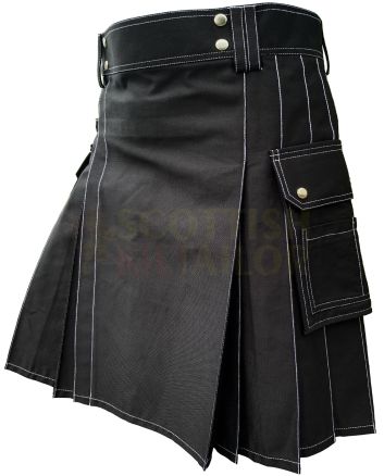 Heavy Cotton Black Utility Kilt White Thread, Black color for Male