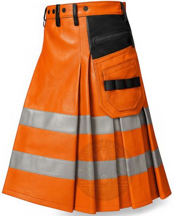 Hi Vis Orange Leather Utility Kilt right side view with utility pocket and high visibility workwear design
