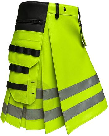 High Visibility Neon Green Workwear Kilt right side view with utility pocket and reflective workwear design