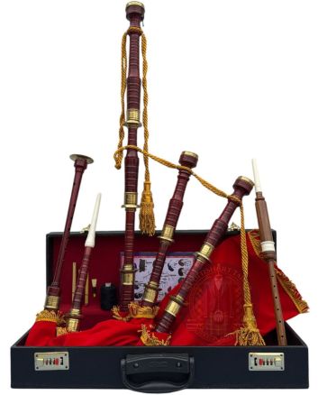 Red Velvet Bagpipe Set Brown & Gold Finish With Hard Case, Red color for Male