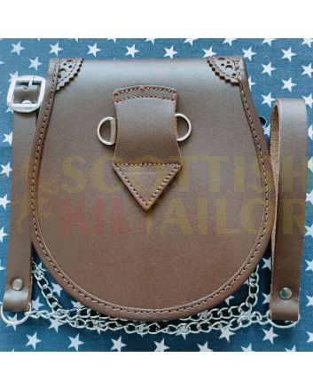 Laser Etched Brown Leather With Seal Skin KIlt Sporran, Brown color for Male