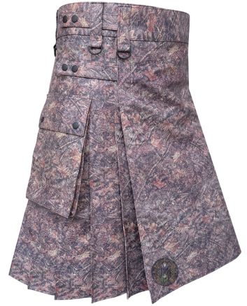 Right side view of jungle print leather utility kilt with cargo pocket and adjustable strap detailing
