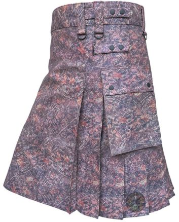 Right side view of jungle print leather utility kilt with cargo pocket and adjustable strap detailing