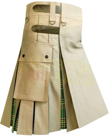 Khaki With Irish Green Tartan Hybrid Kilt, Khaki color for Male