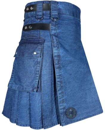 Leather Strap Blue Denim Utility Kilt