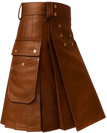 Light Brown Leather Utility Kilt for Men right side view showing utility pocket and pleats