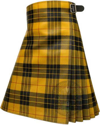 MacLeod of Lewis Tartan Style Leather Kilt right side view with utility pocket and tartan inspired leather design