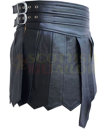 Men Black Leather Gladiator Kilt, Black color for Male