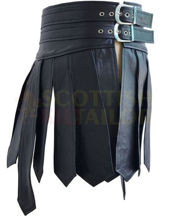 Men Black Leather Gladiator Kilt, Black color for Male