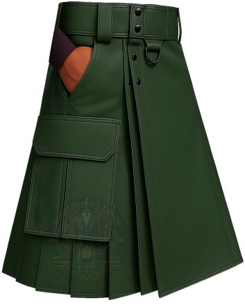 Men Classic Green Leather Kilt right side view with utility pocket and classic leather kilt design