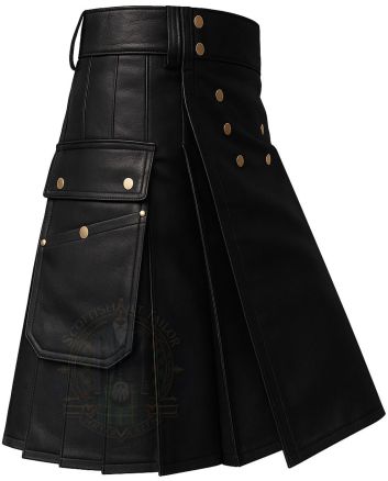 Side view of Men’s Genuine Leather Black Utility Kilt featuring cargo pockets and button detailing.