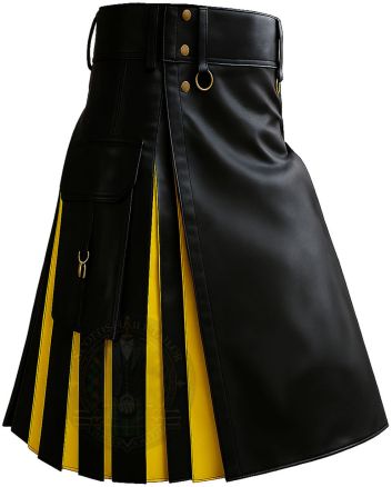 Modern Black Kilt With Yellow Interior Pleats right side view with utility pocket and contrasting pleated design