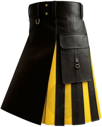 Modern Black Kilt With Yellow Interior Pleats right side view with utility pocket and contrasting pleated design