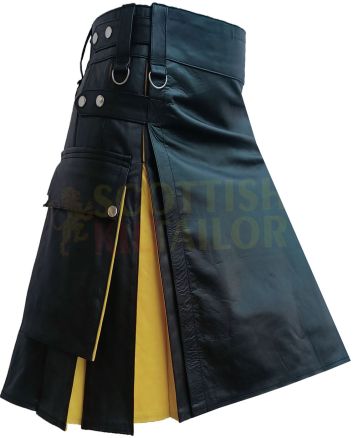 Modern Black With Yellow Cow Leather Hybrid Kilt Cargo Pocket, Black color for Male