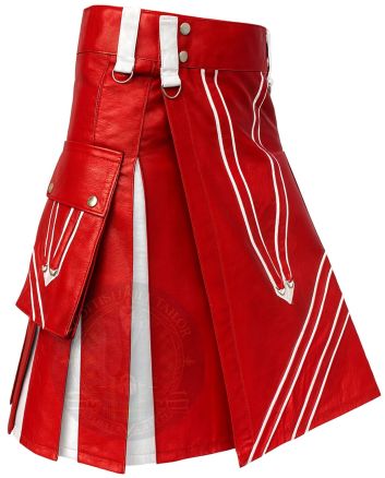 Modern Red Hybrid Kilt White Panel Design right side view with functional pocket and bold two-tone hybrid pleats