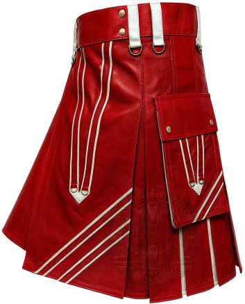 Modern Red Hybrid Kilt White Panel Design right side view with functional pocket and bold two-tone hybrid pleats