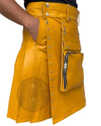 Mustard Yellow Leather Cargo Pocket Kilt right side view showing functional cargo pocket and premium pleated leather design