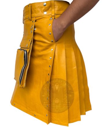 Mustard Yellow Leather Cargo Pocket Kilt right side view showing functional cargo pocket and premium pleated leather design