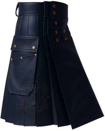 Navy Blue Modern Pleated Utility Kilt right side view with functional cargo pocket and modern utility design