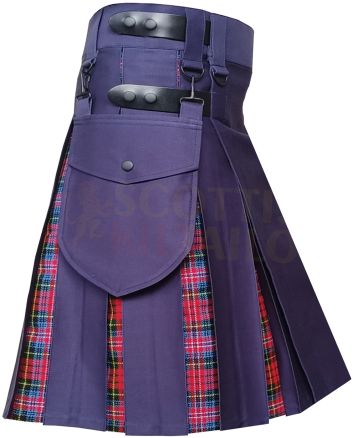 Navy Blue With MacPherson Tartan Hybrid Kilt, Navy Blue color for Male