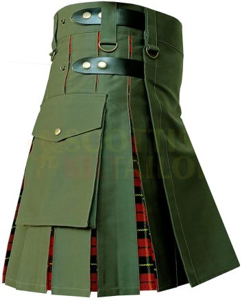 Olive Green With Wallace Tartan Hybrid Kilt, Olive Green color for Male