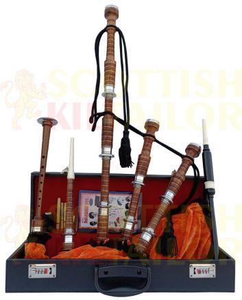 Orange Velvet Bagpipe Set Brown & Silver Finish With Hard Case, Brown color for Male