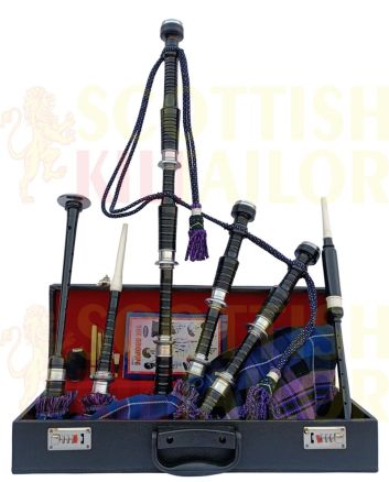 Pride of Scotland Tartan Black With Silver Finish Bagpipe Set With Hard Case, Black color for Male