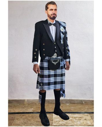 Prince Charlie Kilt Outfit With MacFarlane Black and White Tartan Kilt, Black color for Male