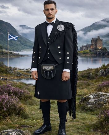 Prince Charlie Kilt Outfit With Solid Black Tartan Kilt, Black color for Male