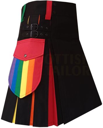 Rainbow Hybrid Box Pleated Kilt, Black color for Male
