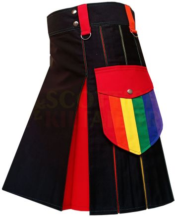 Rainbow Hybrid Kilt With Cargo Pocket, Black color for Male
