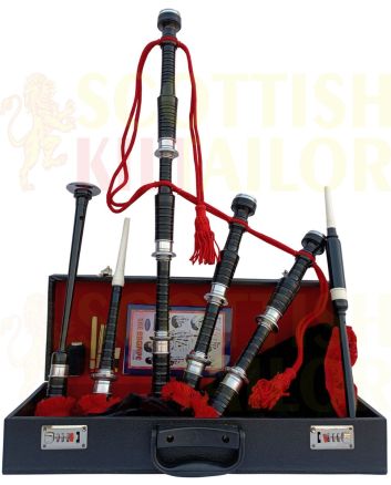 Red & Black Velvet Bagpipe Set Silver & Black Finish With Hard Case, Red color for Male