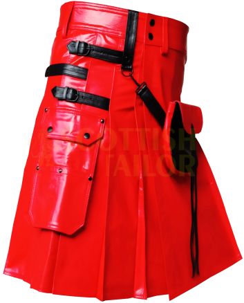 Red Cow Leather Utility Kilt With Front Sporran, Red color for Male