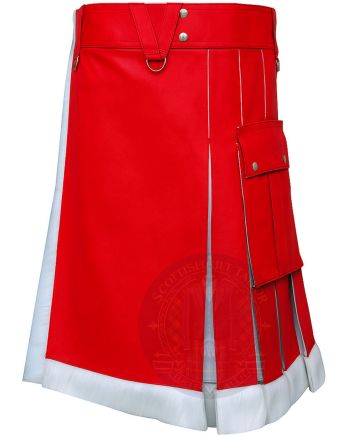 Red Holiday Fashion Fur Kilt right side view with fur trim detail and festive fashion design